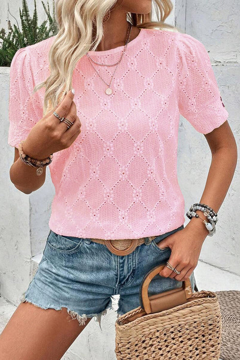 Classic Geometric Eyelet Short Puff Sleeve Button Cuff Blouse
