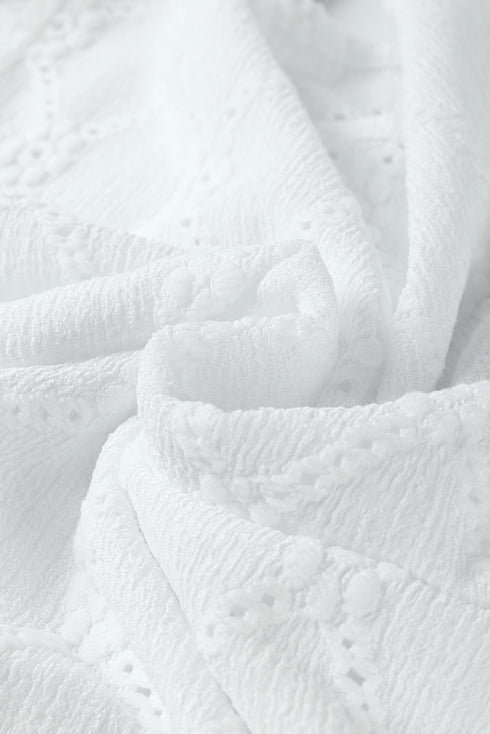 Classic Geometric Eyelet Short Puff Sleeve Button Cuff Blouse