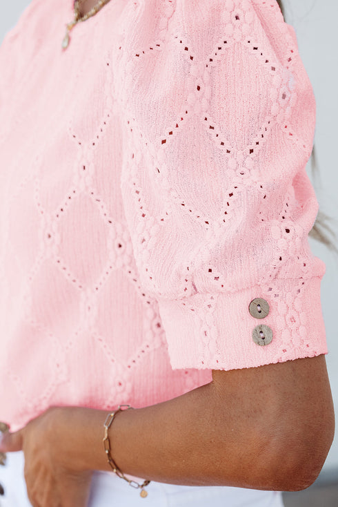 Classic Geometric Eyelet Short Puff Sleeve Button Cuff Blouse