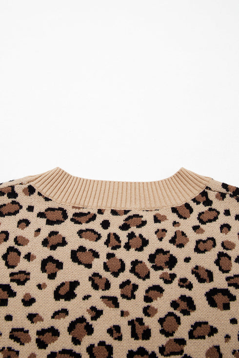 Classic Leopard Print Ribbed Crew Neck Sweater