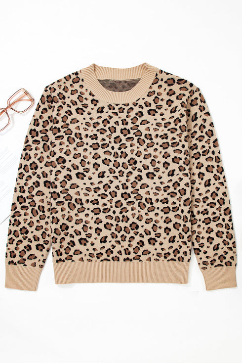 Classic Leopard Print Ribbed Crew Neck Sweater
