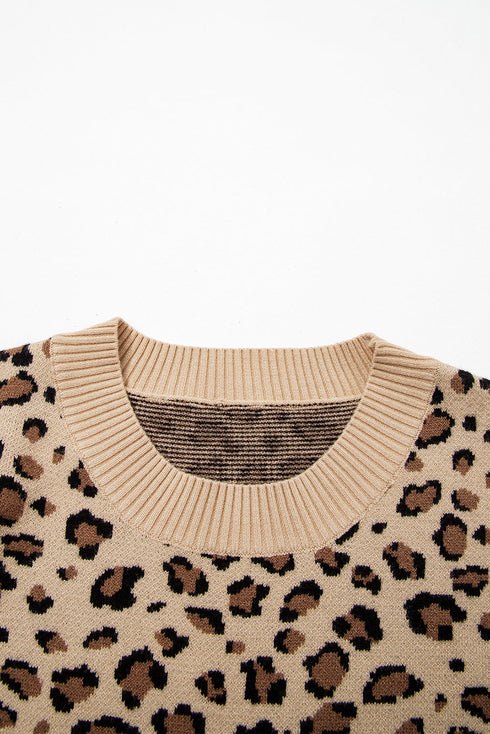 Classic Leopard Print Ribbed Crew Neck Sweater