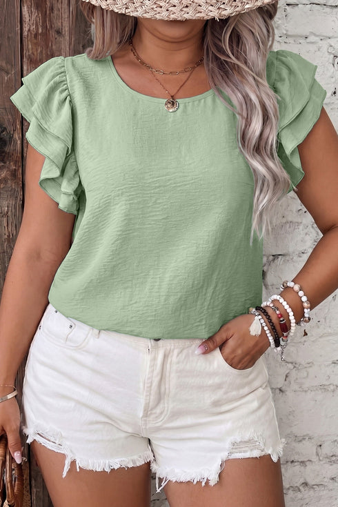 Classic Minimalist Crew Neck Ruffle Sleeve Top