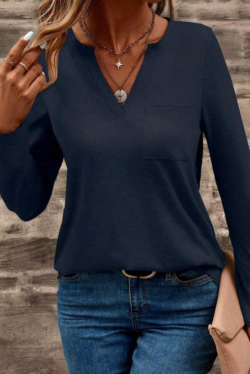 Classic Notch V Neck Patch Pocket Long Sleeve Top