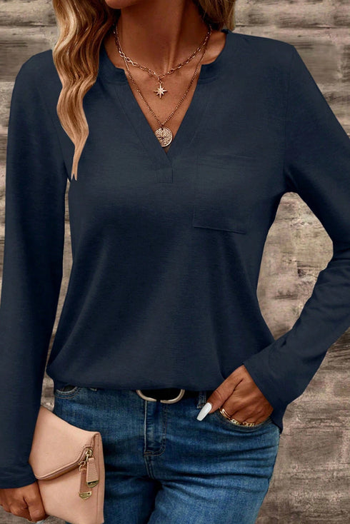 Classic Notch V Neck Patch Pocket Long Sleeve Top