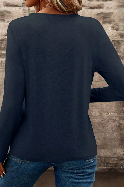 Classic Notch V Neck Patch Pocket Long Sleeve Top