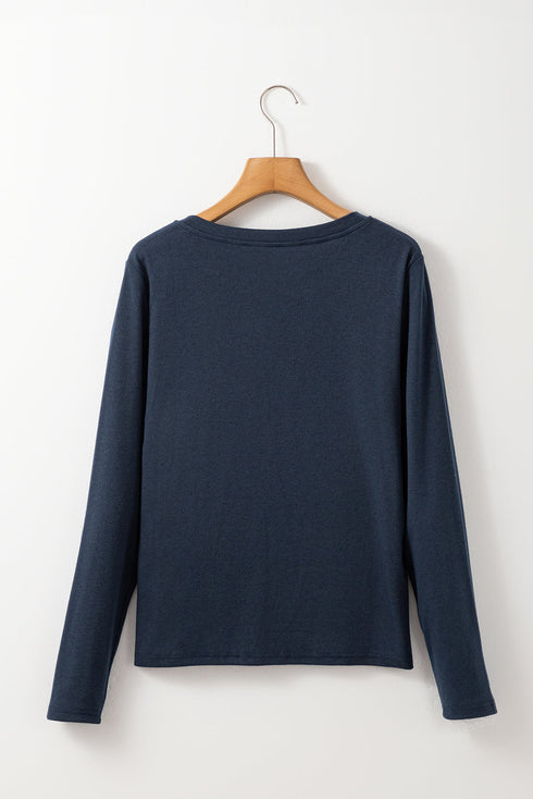 Classic Notch V Neck Patch Pocket Long Sleeve Top