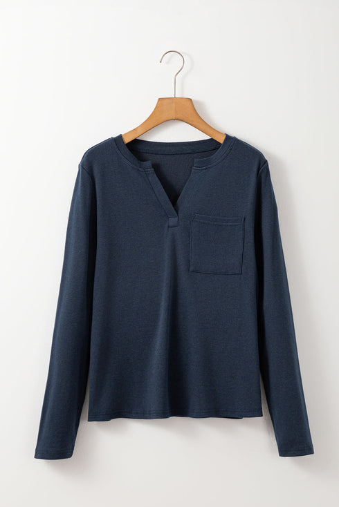 Classic Notch V Neck Patch Pocket Long Sleeve Top