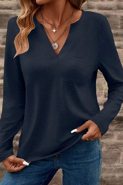 Classic Notch V Neck Patch Pocket Long Sleeve Top