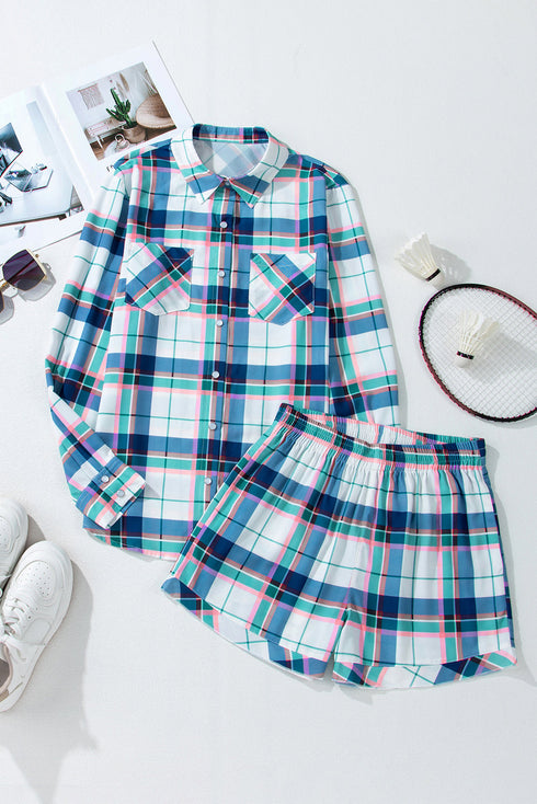 Classic Plaid Long Sleeve Button Up Two Piece Lounge Set