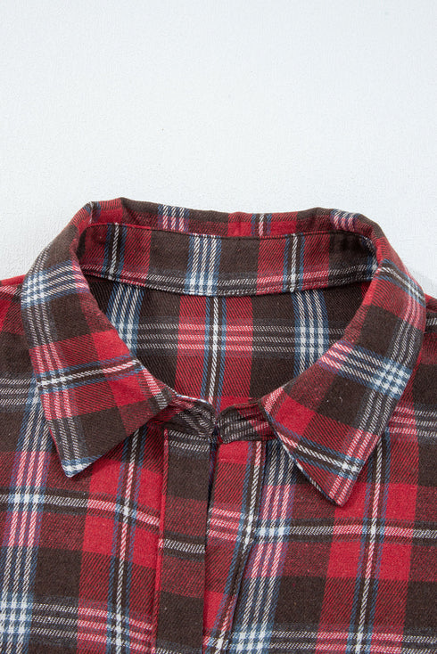 Classic Plaid Print Collared V Neck Loose Fit Shirt