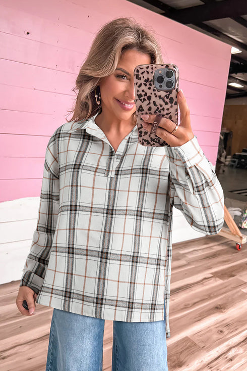 Classic Plaid Print Collared V Neck Loose Fit Shirt
