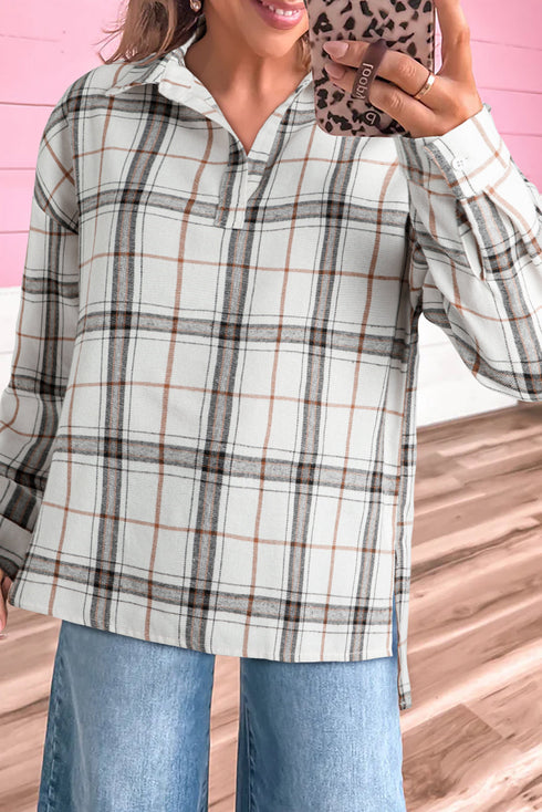Classic Plaid Print Collared V Neck Loose Fit Shirt