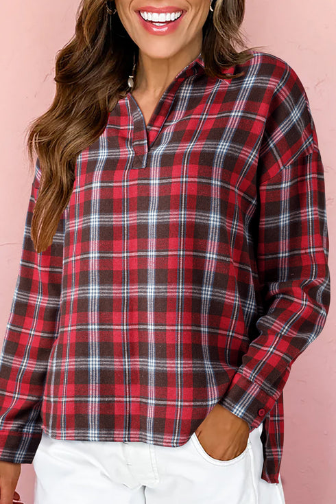 Classic Plaid Print Collared V Neck Loose Fit Shirt