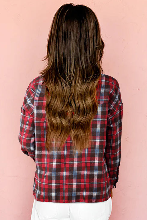 Classic Plaid Print Collared V Neck Loose Fit Shirt