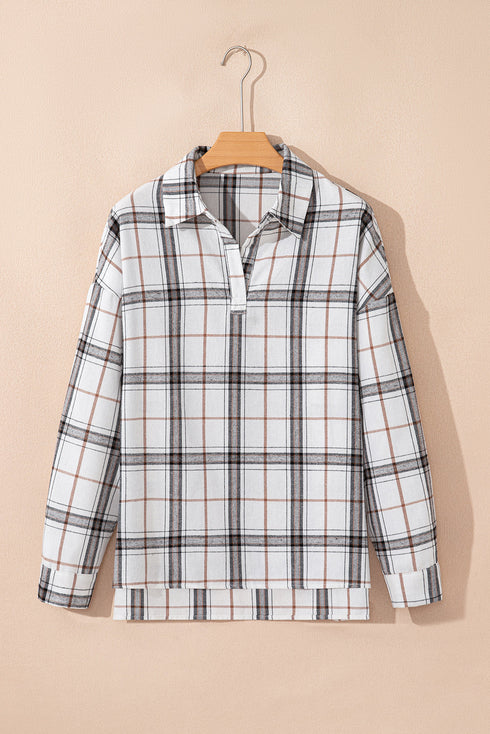 Classic Plaid Print Collared V Neck Loose Fit Shirt
