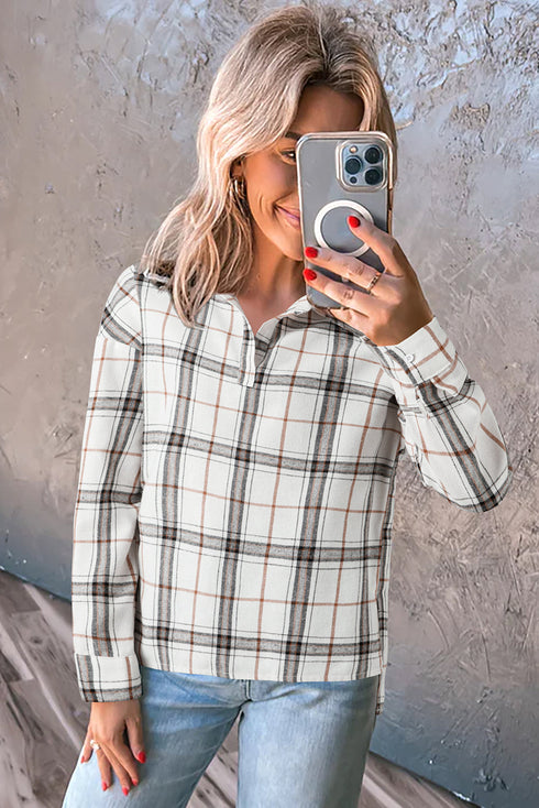 Classic Plaid Print Collared V Neck Loose Fit Shirt