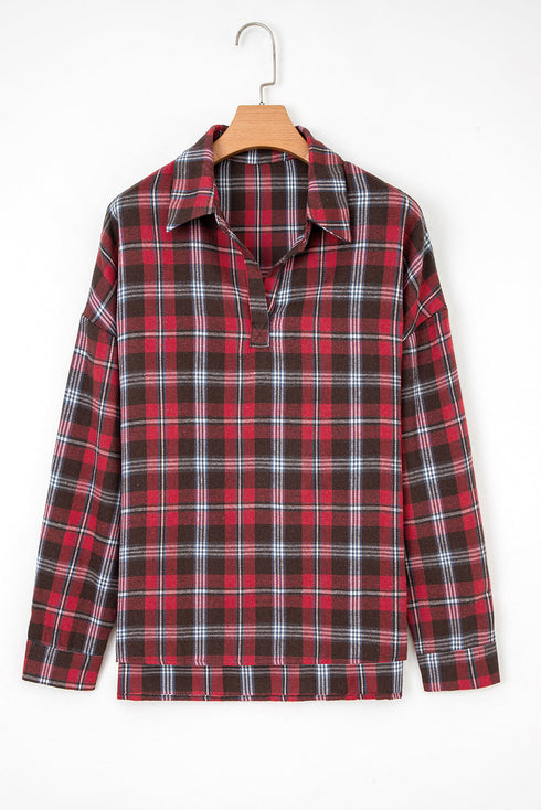 Classic Plaid Print Collared V Neck Loose Fit Shirt