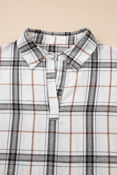 Classic Plaid Print Collared V Neck Loose Fit Shirt