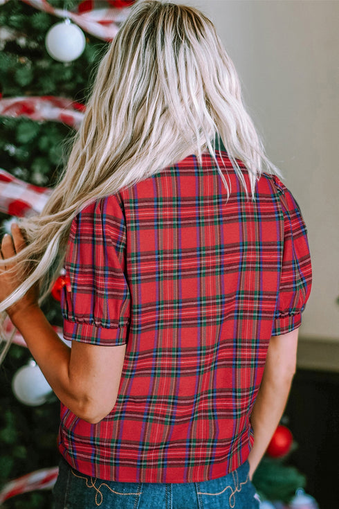 Classic Plaid Print Contrast Trim V Neck Short Sleeve Blouse