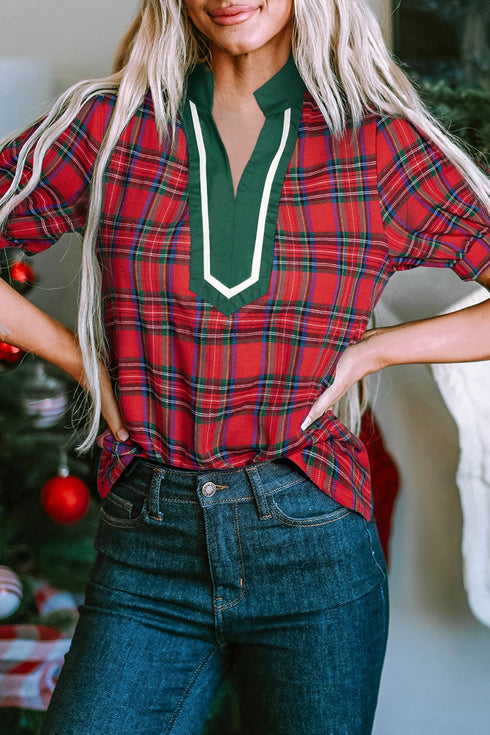 Classic Plaid Print Contrast Trim V Neck Short Sleeve Blouse