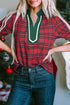 Classic Plaid Print Contrast Trim V Neck Short Sleeve Blouse