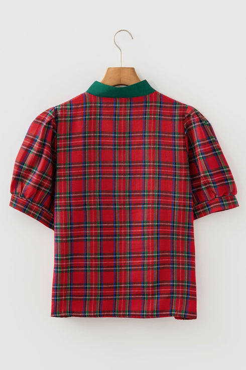 Classic Plaid Print Contrast Trim V Neck Short Sleeve Blouse