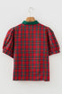 Classic Plaid Print Contrast Trim V Neck Short Sleeve Blouse