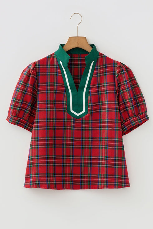 Classic Plaid Print Contrast Trim V Neck Short Sleeve Blouse