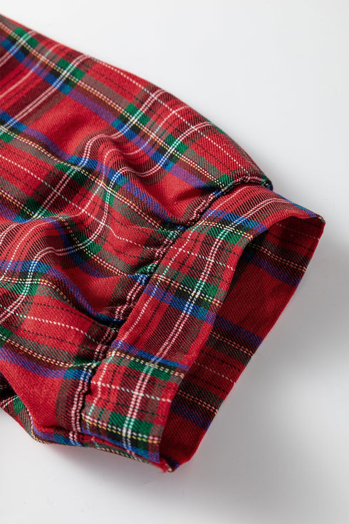 Classic Plaid Print Contrast Trim V Neck Short Sleeve Blouse