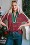 Classic Plaid Print Contrast Trim V Neck Short Sleeve Blouse