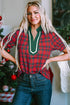 Classic Plaid Print Contrast Trim V Neck Short Sleeve Blouse