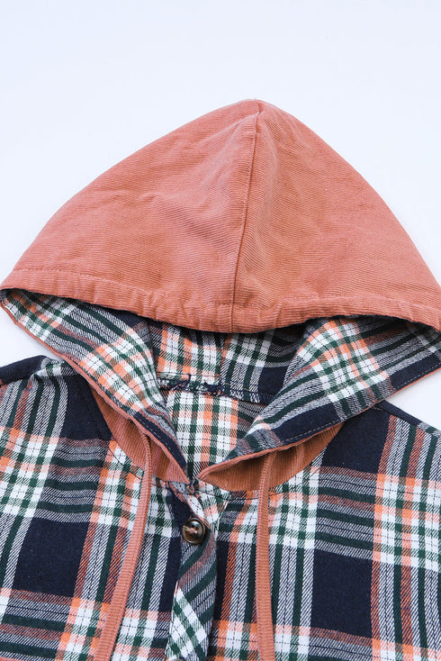 Classic Plaid Print Hooded Drawstring Layering Shacket