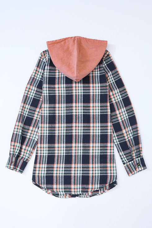 Classic Plaid Print Hooded Drawstring Layering Shacket