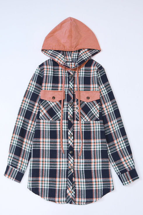 Classic Plaid Print Hooded Drawstring Layering Shacket