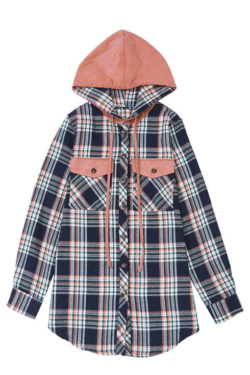 Classic Plaid Print Hooded Drawstring Layering Shacket
