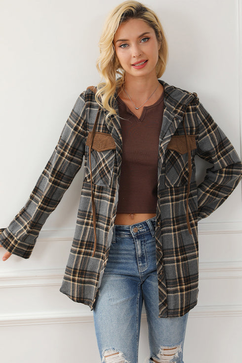 Classic Plaid Print Hooded Drawstring Layering Shacket
