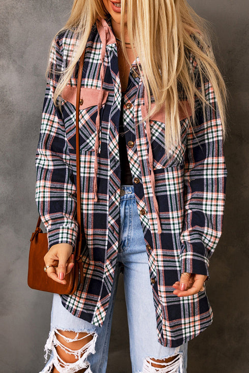 Classic Plaid Print Hooded Drawstring Layering Shacket