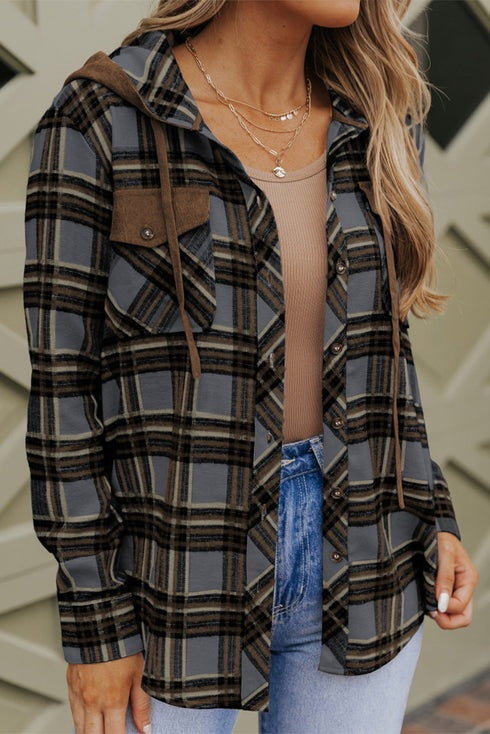 Classic Plaid Print Hooded Drawstring Layering Shacket