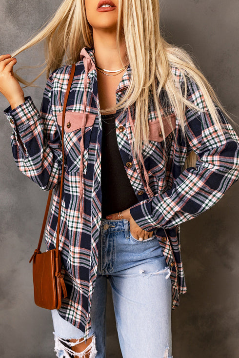 Classic Plaid Print Hooded Drawstring Layering Shacket