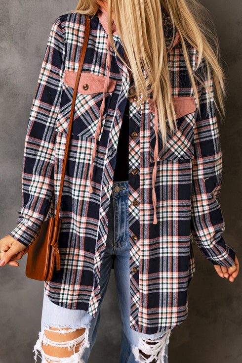 Classic Plaid Print Hooded Drawstring Layering Shacket