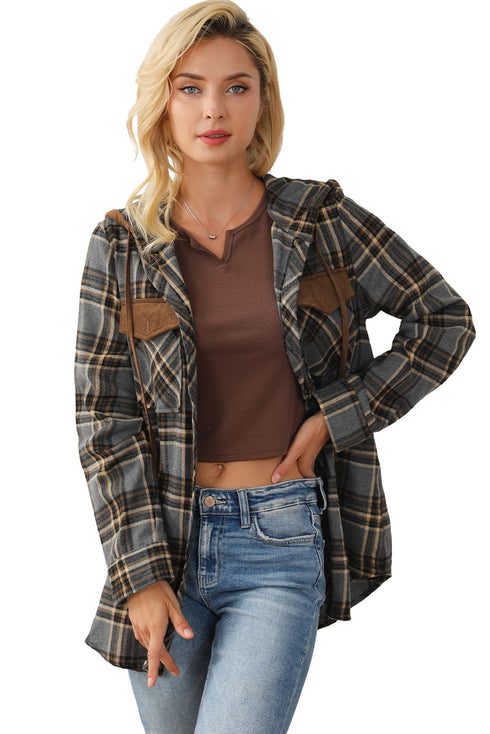 Classic Plaid Print Hooded Drawstring Layering Shacket