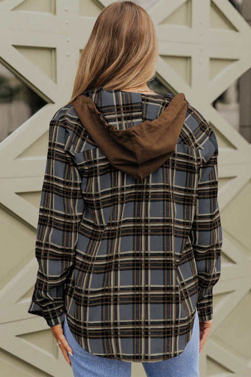 Classic Plaid Print Hooded Drawstring Layering Shacket