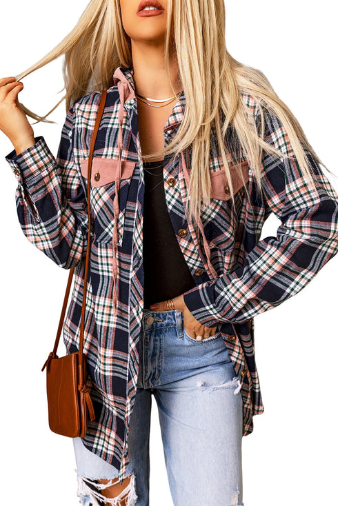 Classic Plaid Print Hooded Drawstring Layering Shacket