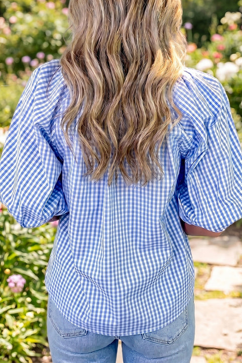 Classic Plaid Print V Neck Puff Sleeve Blouse