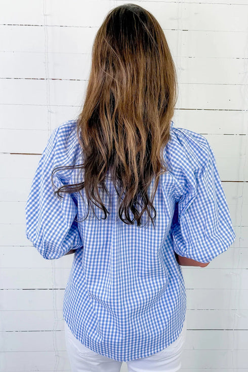 Classic Plaid Print V Neck Puff Sleeve Blouse