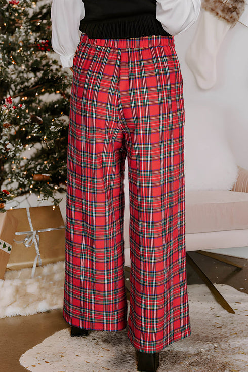Classic Plaid Print Wide Leg Pull On Pants