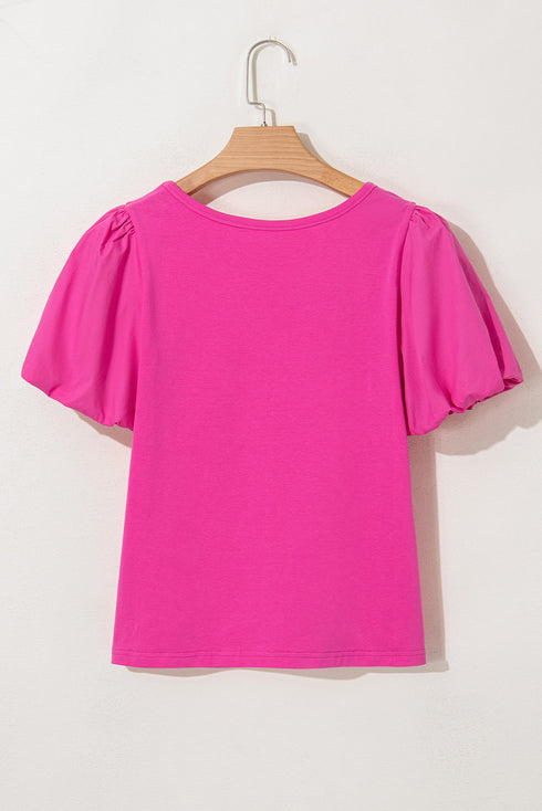 Classic Round Neck Casual T-shirt Elevated By Playful Voluminous Puff Sleeve Details