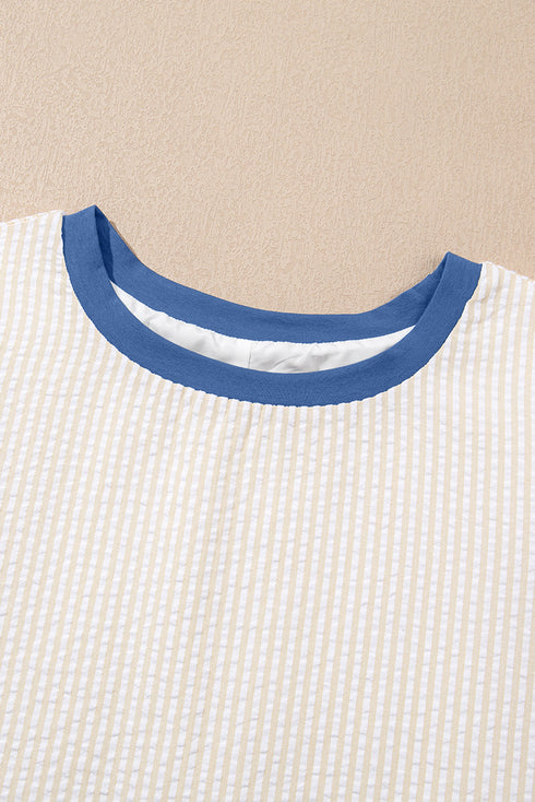 Classic Seersucker Stripe Puff Sleeve Contrast Neck Mini T-Shirt Dress