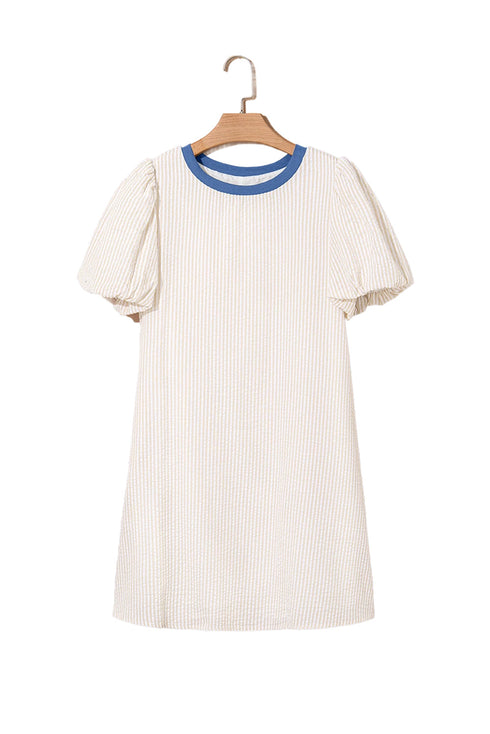 Classic Seersucker Stripe Puff Sleeve Contrast Neck Mini T-Shirt Dress